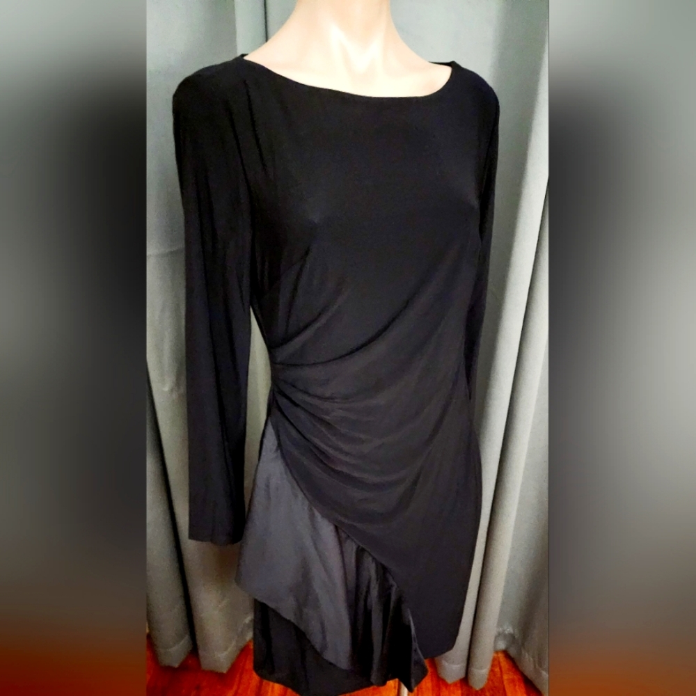 Chaps Black Sheath Dress with Satin Side Ruffle